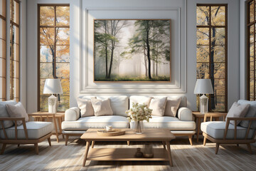 Fototapeta na wymiar Experience the serenity of nature in your living room, where a simple frame beautifully showcases a captivating painting, creating a harmonious and tranquil environment.