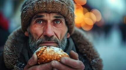 Homeless man holds a piece of bread in his hand. Generative AI. - obrazy, fototapety, plakaty