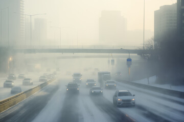 snow covered road in a winter city, fog on the highway, concept of traffic safety on a slippery road