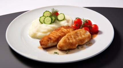 a Chicken Kiev cutlet with mashed potatoes, tomatoes, and cucumbers in a plate on a wooden light background, contemporary aesthetics to highlight the culinary beauty of the dish.