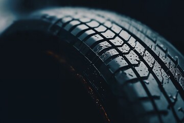 new car tyre closeup on a dark background, studio shoot, road safety concept