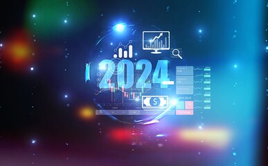 Fototapeta na wymiar 2024 Financial Forecasting with Futuristic Interface : A dynamic financial chart for the year 2024 displayed within a futuristic interface, suggesting trends and market analytics.