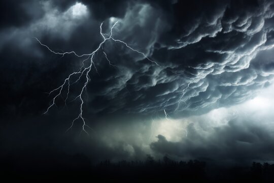dark dramatic stormy sky with lightning and cumulus clouds aerial view for abstract background