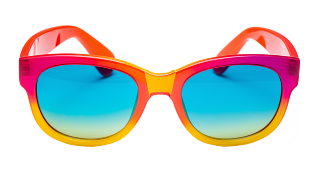 rainbow shade gradient sunglasses, fashion sunglasses with colorful frames isolated on a transparent background, front view, beach day summer fun