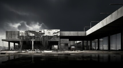 war with a poignant composition featuring a shopping center damaged by shelling, contemporary aesthetics to convey the stark contrast between destruction and modern architecture.