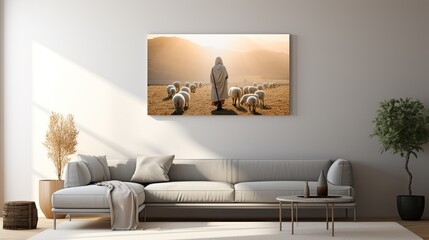 a good shepherd with sheep in his hands, surrounded by a flock in a summer landscape, contemporary aesthetics to convey the peaceful beauty of the scene.