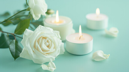 Fototapeta na wymiar Scented roses candles with flowers, candles banner 