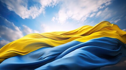 the national flag of Ukraine waving in the wind on a clear day, contemporary aesthetics to convey the pride and elegance associated with the flag.