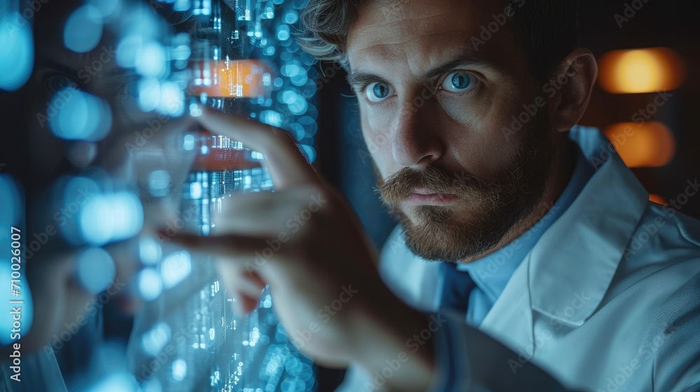 Poster corporate man examining data on futuristic hologram, using a finger, front view, with numbers writte