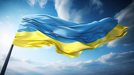 the national flag of Ukraine waving in the wind on a clear day, contemporary aesthetics to convey the pride and elegance associated with the flag.