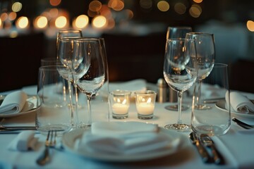 Dining table decorated for an evening dinner party, dinner concept for two glasses, luxury elegant table setting dinner in a restaurant