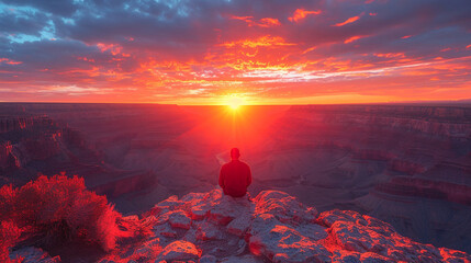 A contemplative man sits on the edge of a canyon, his silhouette outlined by the vibrant colors of a sunset sky, creating a mesmerizing scene that combines the tranquility of solit - obrazy, fototapety, plakaty