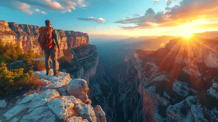 Fotobehang A hiker stands on the brink of a deep canyon, the sheer cliffs and layers of rock formations creating a stunning backdrop as the adventurer takes in the panoramic view of this unta © Наталья Евтехова