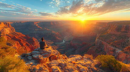 A man perches on a rocky ledge that juts out over a majestic canyon, the sun casting long shadows on the textured terrain below, capturing the rugged allure of the natural landscap