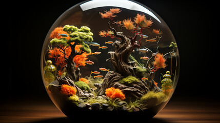glass globe with a miniature forest ecosystem inside