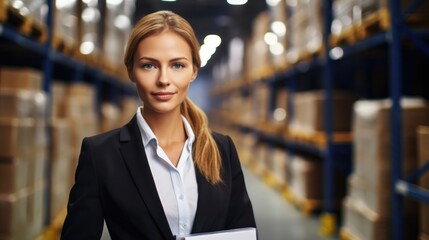 Confident businesswoman standing with clipboard in distribution warehouse