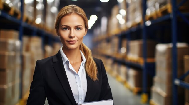 Confident businesswoman standing with clipboard in distribution warehouse