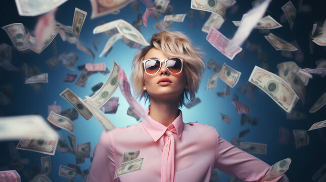 portrait of a young woman fashionable social media influencer with dollar bills raining from above