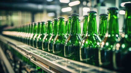 Green glass bottles without labels on the conveyor. Beer factory - Powered by Adobe