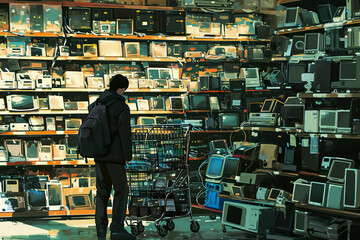 Obraz premium man pushing a cart and looking at the shelves of electronics