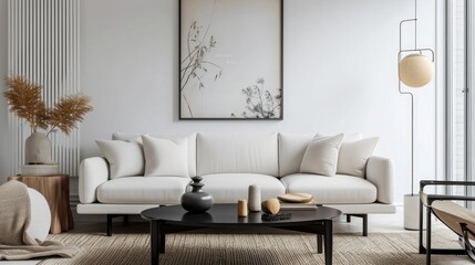 Obraz na płótnie Canvas A Serene Oasis of Minimalist Elegance, A White Couch and Coffee Table in a Timeless Living Room