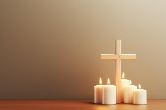 Christian wooden cross and white burning candles 