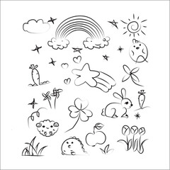 Hand drawn funny cute animal, cloud, flower, heart .Children draw style 