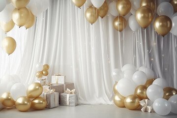 Golden balloons and many gifts in a white room in contemporary style.