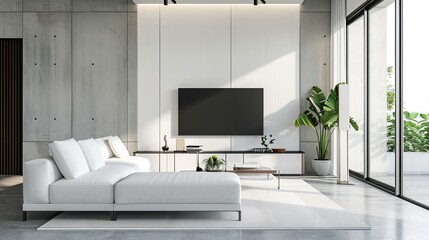 A Dreamy Haven, Ethereal White Sofa and Sleek Flat Screen TV Illuminate the Sophisticated Living Room