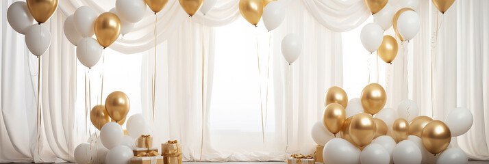 Golden balloons and many gifts in a white room in contemporary style.