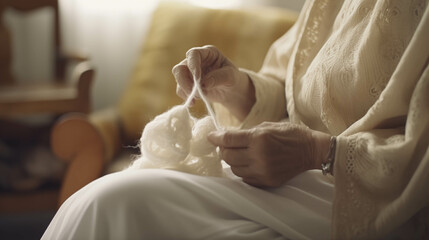 An old Asian woman knits in the living room.