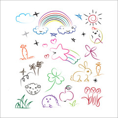 Hand drawn colored set of simple decorative elements. Various icons such as hearts, stars, bubbles,rainbows,suns, flowers, leaves..