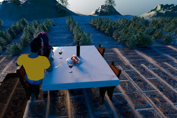 Heterosexual couple in front of vineyard falling in love enjoying wine and turkey in the open air love and romance render 3D