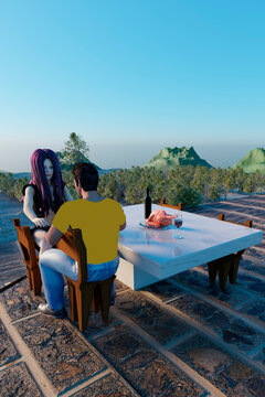 Man and woman in heterosexual couple in front of a vineyard romance and love in marriage proposal render tridimencional