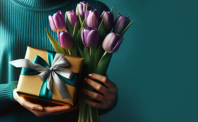Woman holding gift box and tulips bouquet Mothers day or Women's day 8 March background copy space