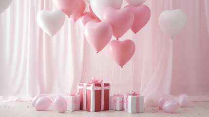 Gift boxes in a room with white and pink balloons in the background.