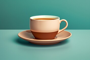 Obraz premium coffee on a saucer on a blue background, light teal and light beige