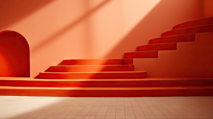 Sleek red staircase against an orange wall with dramatic shadows