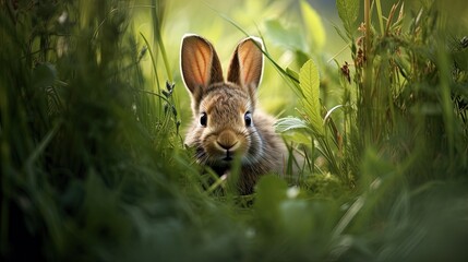 Naklejka na ściany i meble bunny hiding in the grass with eggs