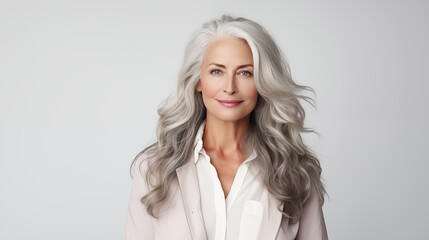 Fototapeta premium Beautiful mature woman in her 50s with long gray hair and perfect skin, looking at the camera, serious but friendly, isolated on white background