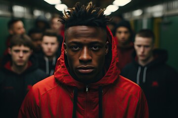 Intense young athlete in red hoodie stands focused amidst a group