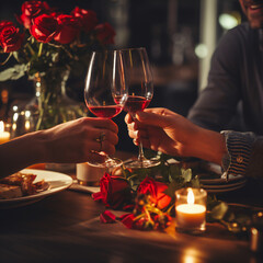 closeup with cropped shot of lovers holding hands over romantic valentine’s day dinner table with wine and red rose. the man gently touches the woman’s fingers Generative AI