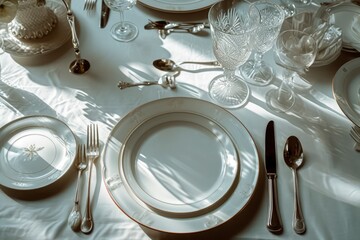 Dining table decorated for an evening dinner party, dinner concept for two glasses, luxury elegant table setting dinner in a restaurant