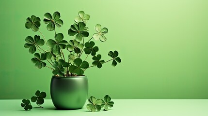 St. Patrick's Day decorations on a green background, clean lines and contemporary aesthetics to capture the essence of the Irish celebration in a sleek and visually appealing scene.