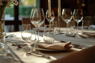 Dining table decorated for an evening dinner party, dinner concept for two glasses, luxury elegant table setting dinner in a restaurant