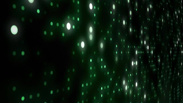 3D wall of animated blinking green led light dots, looping texture background design
