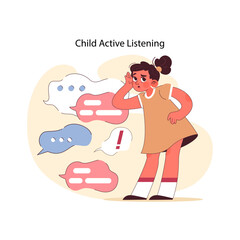 Active listening concept. Curious child with speech bubbles, eager to hear and understand. Little girl listens carefully. Communication, feedback. Attention signals. Flat vector illustration