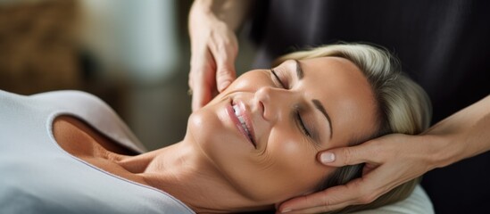 Middle-aged woman enjoying head massage in spa, relaxed on table with closed eyes, receiving beauty treatments at cosmetologist's office, seen from above. - obrazy, fototapety, plakaty