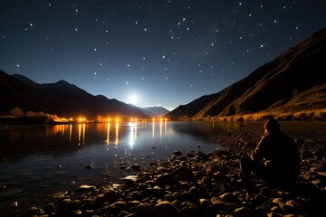 A solitary man sits by a serene mountain lake, gazing at a star-filled sky, with warm lights reflecting on the water