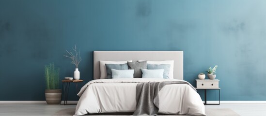 Copy space on empty wall in a stylish bedroom with white, grey, and petrol blue design.